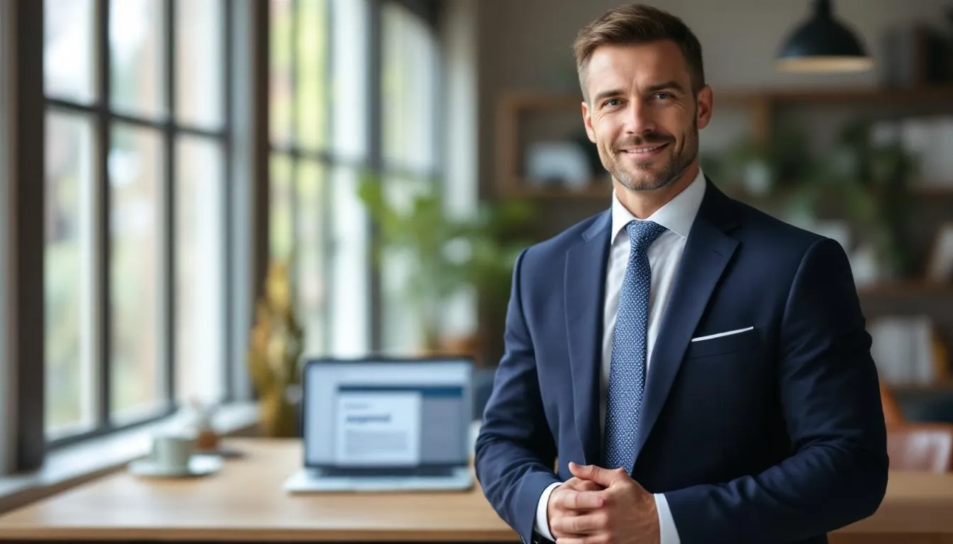 A small business owner stands confidently with a smile, having successfully secured a hard money business loan, showcasing the potential for growth and financial stability. The image emphasizes the empowerment and optimism that comes with alternative financing options like hard money loans, which can be crucial for small business success.