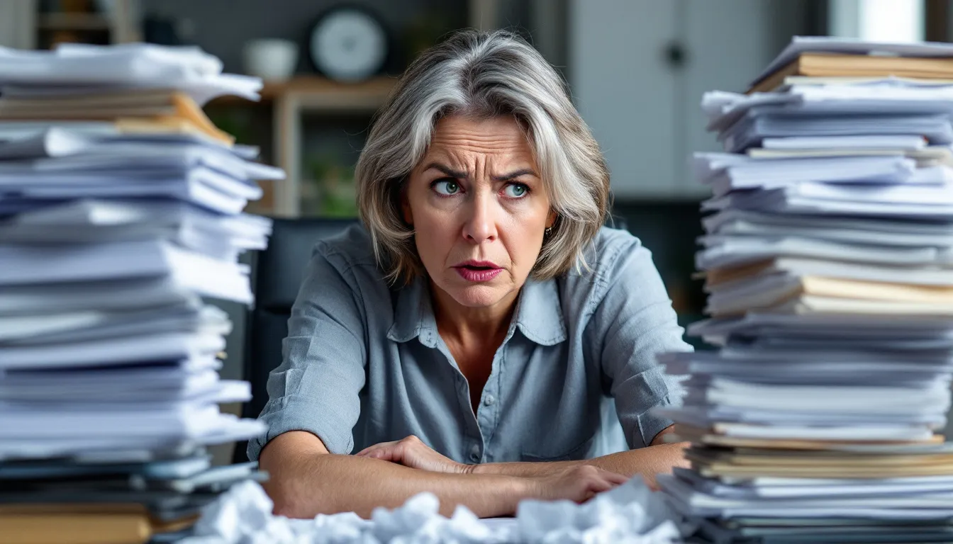 A healthcare administrator sits at a desk, showing signs of frustration as they deal with delayed insurance and co-pay payments, highlighting the challenges of managing unpaid invoices and cash flow in their business. The image reflects the stress of potentially needing to send someone to collections due to outstanding debts and the complexities of the debt collection process.
