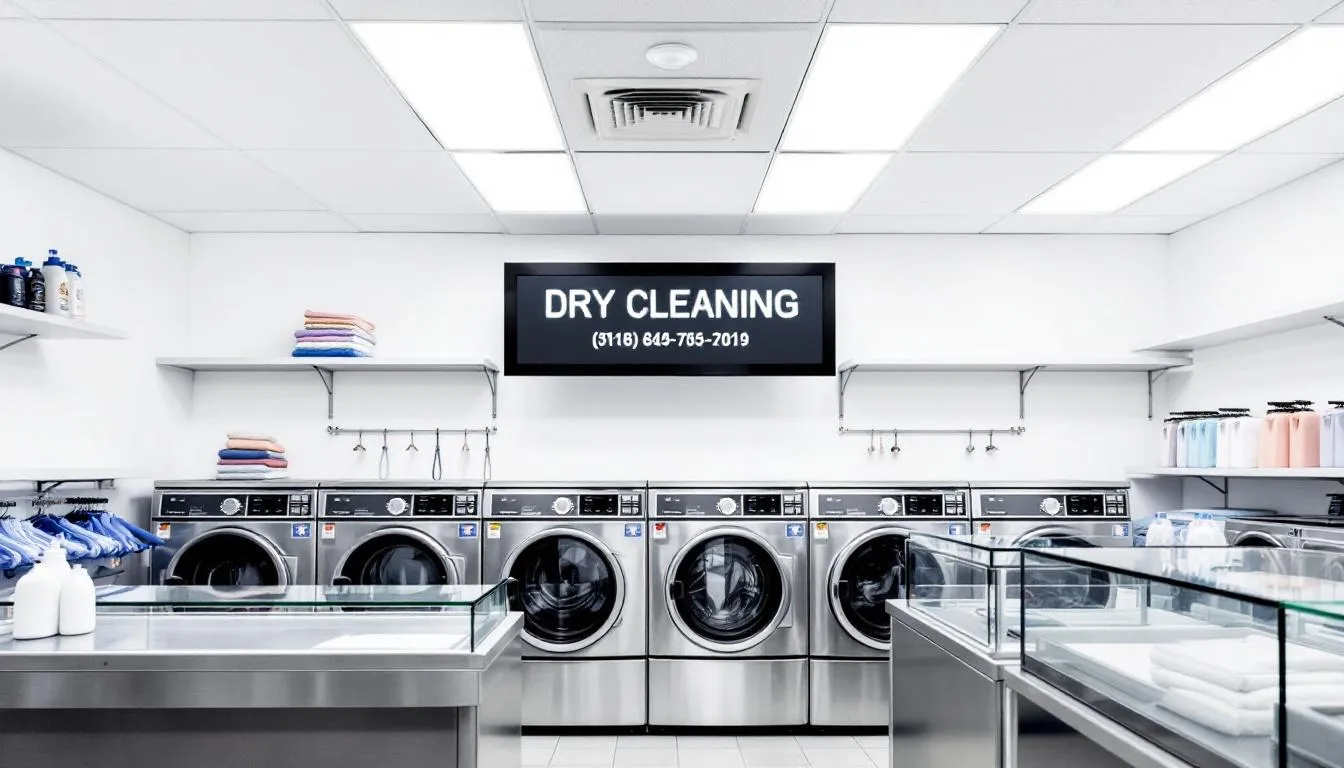 In the image, a modern dry cleaning business is showcased with the latest laundry equipment installed, highlighting advanced machines designed for efficiency. The setup emphasizes the importance of commercial laundry equipment financing for business owners looking to enhance their laundromat operations.