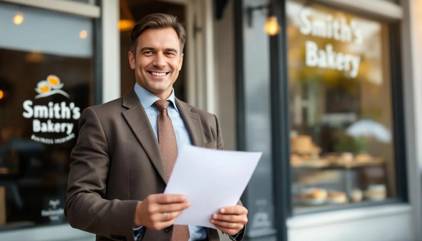 A small business owner stands confidently in their office, surrounded by business equipment and personal assets, feeling successful after securing business hazard insurance to for property coverage. This insurance helps protect their business assets, making it easier to qualify for an SBA loan.