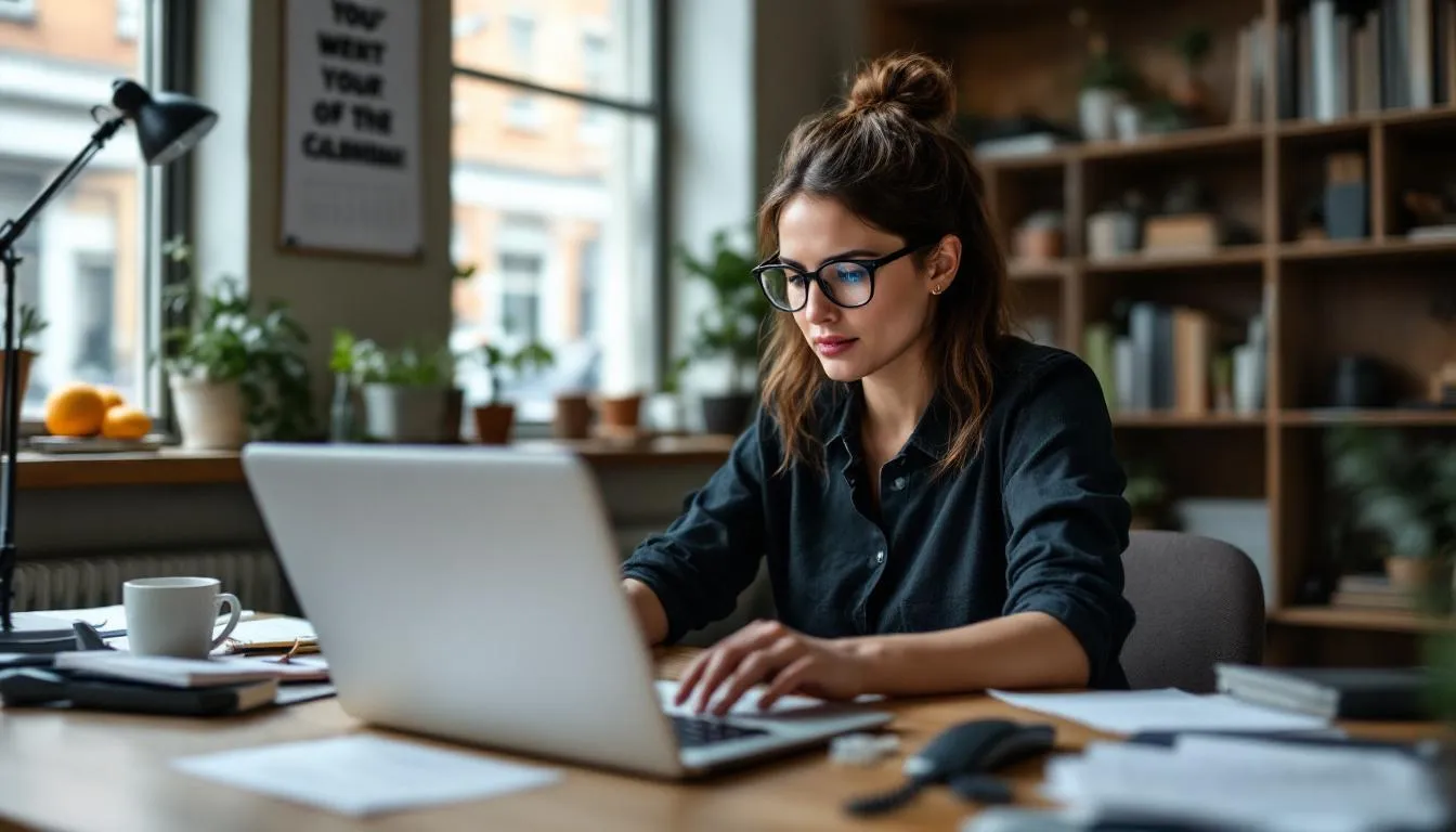 A small business owner sits at her desk, intently looking at her laptop screen to verify if her SBA loan can accommodate a balance transfer or support an equipment purchase for her business needs. The scene reflects her focus on financial decisions that impact her small business's growth and operational efficiency.