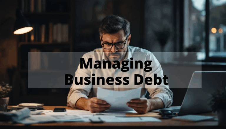 How to Manage Business Debt - A concerned small business owner is sitting at a desk, surrounded by financial documents and a calculator, contemplating how to manage business debt. The image features a transparent overlay with the title “Managing Business Debt” in bold black text, highlighting the financial challenges and repayment plans that small business owners often face.