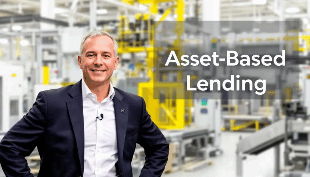Asset-Based Lending - A small business owner stands confidently on a factory floor surrounded by manufacturing equipment, with a transparent overlay displaying the title "Asset-Based Lending." This image highlights the importance of leveraging physical assets and accounts receivable to secure financing options that can enhance cash flow and support long-term business goals.