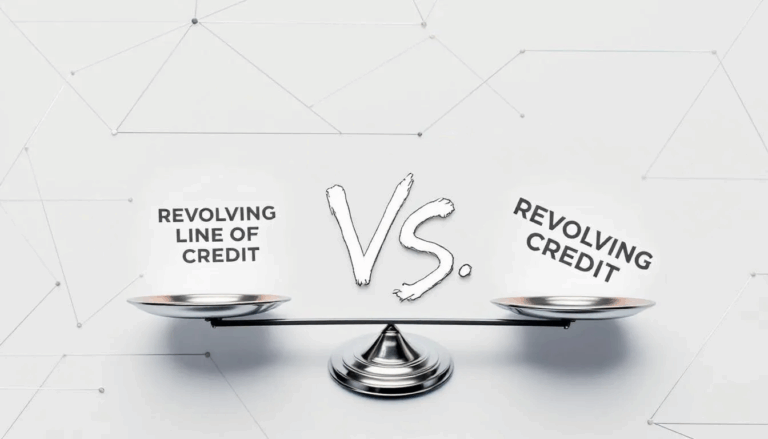 Revolving Line of Credit vs Revolving Credit - The image features a balancing scale comparing "Revolving Line of Credit" on one side and "Revolving Credit" on the other, with "Vs." positioned at the center. This visual representation highlights the distinctions between these two financial concepts, emphasizing their roles as revolving credit options for managing available credit and borrowing money.