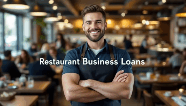 Restaurant Business Loans - A confident restaurant owner, smiling warmly with arms crossed, stands in front of a bustling restaurant filled with engaged waitstaff and full tables. The image features a transparent overlay titled "Restaurant Business Loans," highlighting the importance of financing options for restaurant owners in the industry.