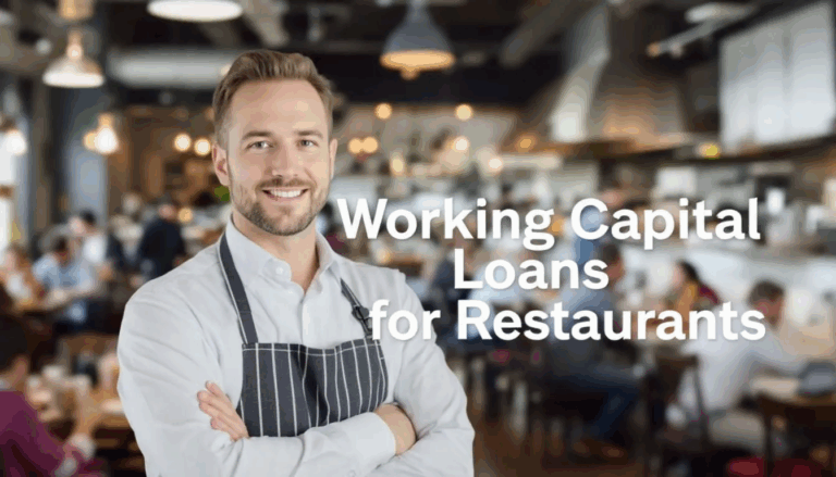 Working Capital Loans for Restaurants - The image features a confident restaurant owner gazing into the camera, with a bustling restaurant environment in the background, symbolizing success. A transparent overlay displays the title "Working Capital Loans for Restaurants," highlighting financing options available for restaurant owners seeking to manage their business expenses effectively.
