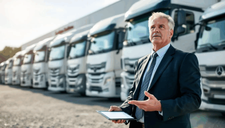 Freight Factoring for Trucking Companies - A transportation business owner stands thoughtfully in front of a fleet of commercial trucks, contemplating how freight factoring can help overcome payment delays and improve cash flow for their trucking company. The scene reflects the challenges faced by trucking businesses in managing outstanding invoices and accessing working capital efficiently.