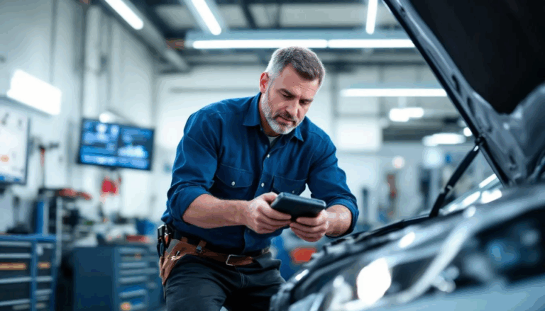 Auto Repair Equipment Financing - A mechanic and an auto repair shop owner are collaborating on a vehicle using the latest automotive equipment, showcasing the advanced technology essential for successful auto repair businesses. The scene highlights the importance of automotive equipment financing in maintaining a competitive edge in the automotive industry.