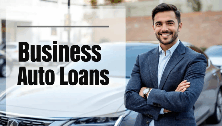 Business Auto Loans - A confident small business owner stands in front of a new luxury sedan, symbolizing success and the advantages of business auto loans. The image features a transparent overlay with the title “Business Auto Loans,” highlighting the potential for financing commercial vehicles and the benefits of competitive rates and flexible terms.