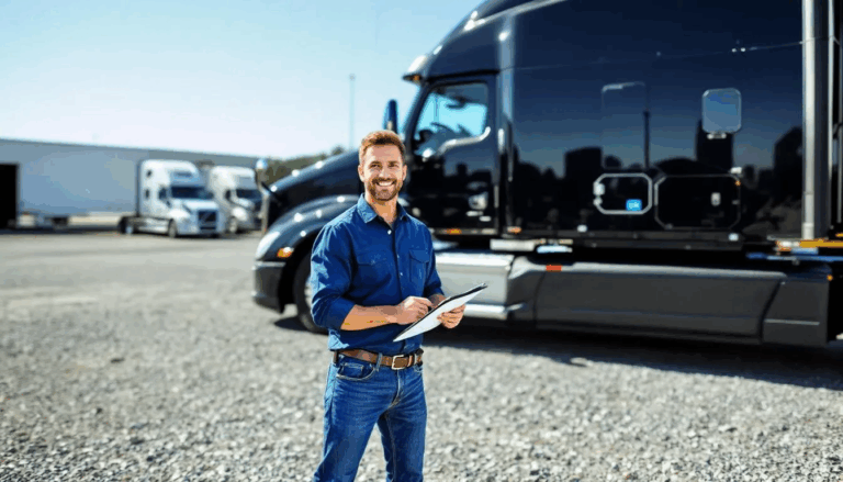 Financing a Commercial Truck - A proud semi-truck owner-operator stands in front of his newly financed commercial truck, celebrating the successful completion of his commercial truck loan. The image captures the joy of achieving his business objectives through effective semi truck financing, highlighting the significant investment made in his transportation venture.