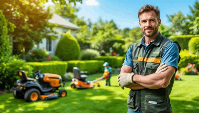 Landscaping Equipment Financing - The image depicts a landscaping and lawn care business owner actively overseeing a job site, with various outdoor power equipment in use, illustrating the importance of landscaping equipment financing options for enhancing business growth and managing necessary equipment costs. The scene emphasizes the potential for increased revenue and future expansion through effective financing solutions.
