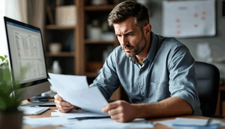 Debt Factoring - A small business owner is contemplating the use of debt factoring as a solution to manage unpaid invoices and improve cash flow. The image captures the owner deep in thought, possibly weighing the advantages and disadvantages of engaging a factoring company for immediate cash advances against the backdrop of outstanding accounts receivable.