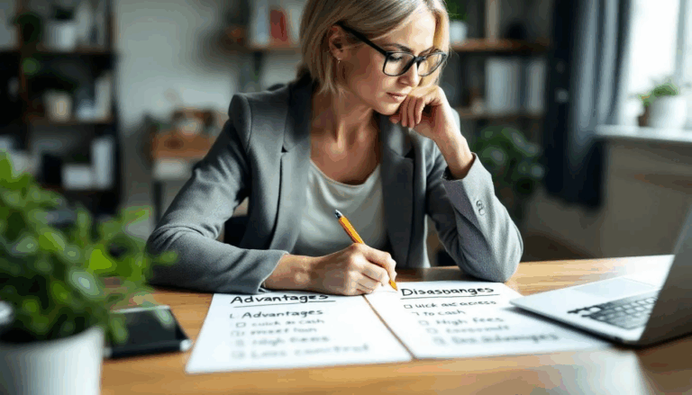 Factoring Advantages & Disadvantages - A small business owner is depicted thoughtfully weighing the advantages and disadvantages of factoring, surrounded by documents representing accounts receivable and invoices. The image conveys the complexity of managing cash flow and the decision-making process involved in choosing between factoring services and traditional bank loans.