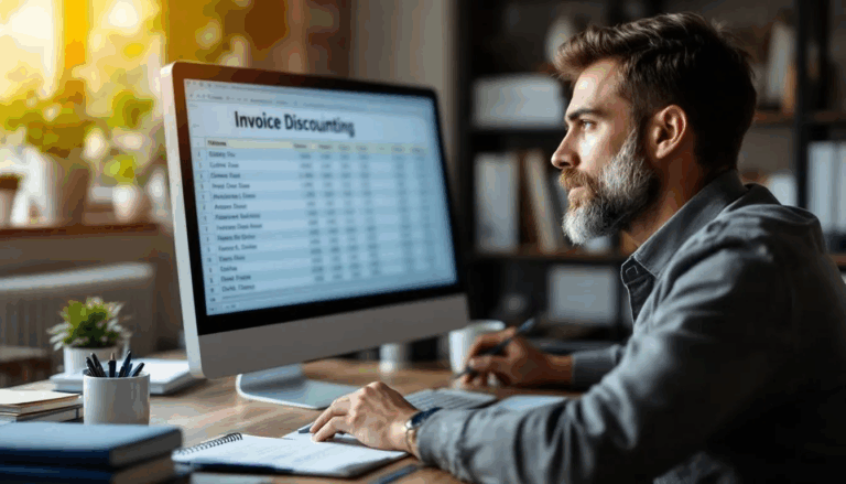 Invoice Discounting - The image shows a small business owner sitting in front of a computer, examining an accounts receivable spreadsheet titled "Invoice Discounting." The spreadsheet likely contains details about unpaid invoices and potential cash flow improvements through invoice discounting services.