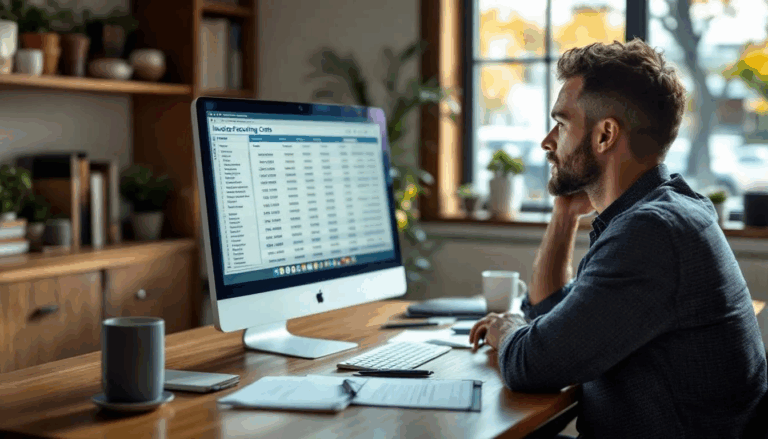 Invoice Factoring Costs - A small business owner is focused on a computer screen displaying an accounts receivable spreadsheet titled "Invoice Factoring Costs," which outlines various factoring fees and costs associated with invoice factoring services. The spreadsheet likely includes details on total invoice value, discount rates, and other relevant fees that affect cash flow for the business.