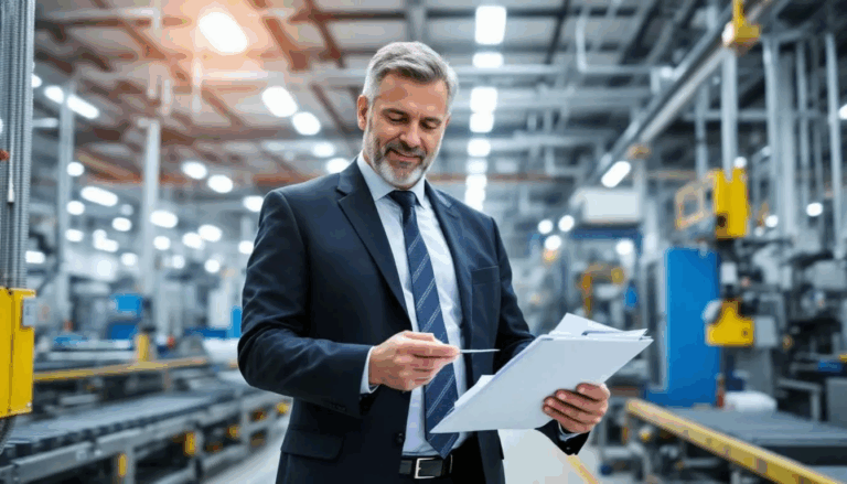Manufacturing Factoring - A manufacturing business owner stands on the factoring floor, contemplating various manufacturing invoice factoring options to enhance cash flow and address financial challenges. The scene captures the owner deep in thought, surrounded by paperwork related to outstanding invoices and cash flow solutions essential for managing their manufacturing company's growth.