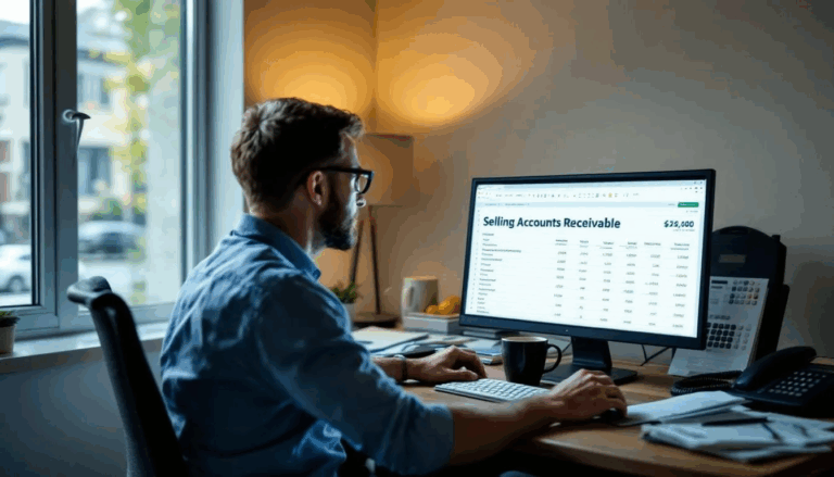 Selling Accounts Receivable - A small business owner is intently reviewing a spreadsheet titled "Selling Accounts Receivable" on their computer screen, contemplating the option of accounts receivable financing to improve cash flow. The spreadsheet likely details outstanding invoices and potential benefits of selling receivables to address immediate financial needs.