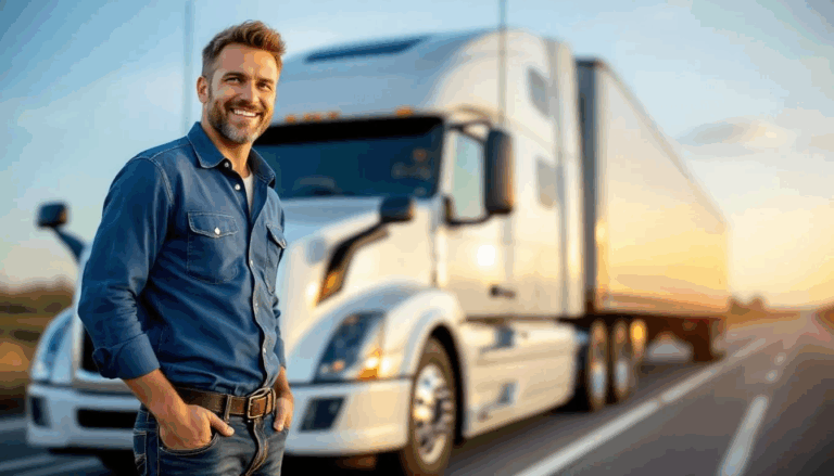 Semi Truck Financing - A confident truck driver stands proudly in front of a newly financed semi truck, embodying success and optimism about their future in the trucking industry. This moment reflects the fulfillment of their business objectives through effective semi truck financing and the potential for growth as an owner operator.