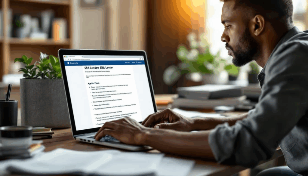 The Best SBA Lenders - A small business owner sits at a desk, intently researching various SBA lenders online to find the best options for small business loans, focusing on loan amounts, interest rates, and eligibility for SBA guaranteed loans. The scene captures the essence of navigating financial institutions to address business needs and secure funding for future projects.
