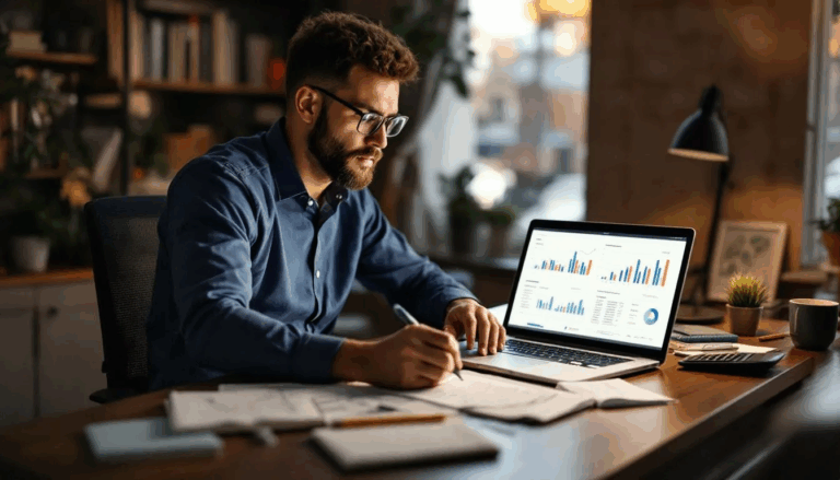 Why Was My SBA Loan Declined - In the image, a small business owner is focused on calculating realistic financial projections, surrounded by papers and a calculator, as they strategize ways to improve their SBA loan application after being denied. The scene reflects their determination to understand factors such as cash flow, personal credit scores, and debt-to-income ratio to enhance their chances of securing future small business loans.