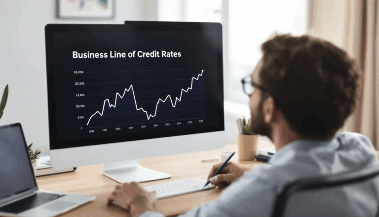 Business Line of Credit Rates - The image shows a small business owner intently focused on a computer screen displaying a line chart titled "Business Line of Credit Rates," illustrating competitive interest rates for various business loans. The owner is likely researching options to manage cash flow and secure the best credit line for their small business financing needs.