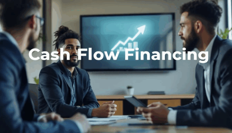 Cash Flow Financing - In the image, a small business owner is engaged in a conversation with a business loan broker about financing options, with a large screen behind them displaying an icon of a cash stack and an upward arrow. The overlay on the image features the title "Cash Flow Financing," highlighting the importance of cash flow loans in managing business finances.