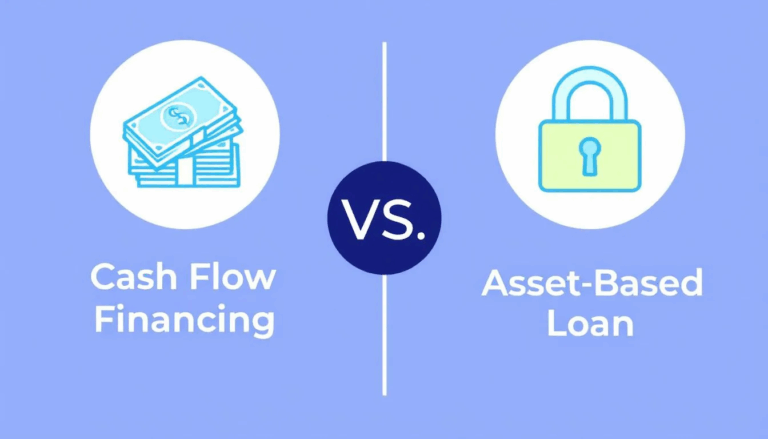 Cash Flow Financing vs Asset-Based Lending - The image features a professional infographic comparing cash flow lending vs. asset-based loans. On the left, an icon of a stack of cash represents Cash Flow Financing, while the center displays "VS." in bold, and on the right, a lock icon signifies Asset-Based Loan, highlighting the differences between these two types of financing options for businesses.
