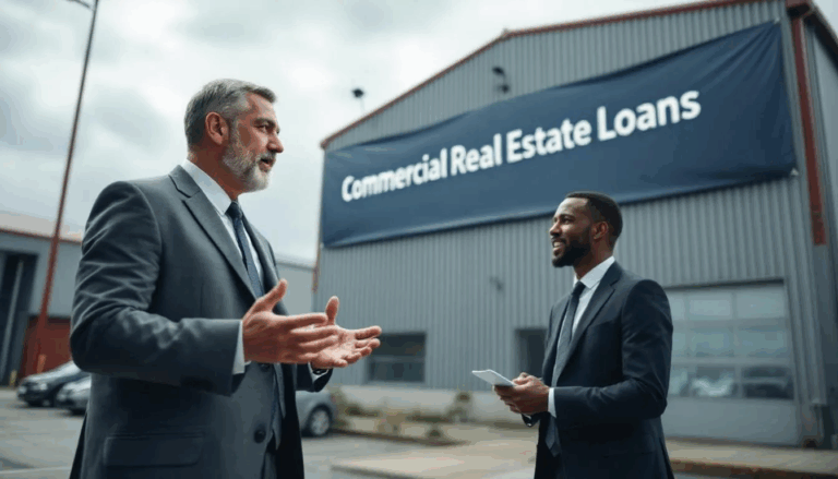 Commercial Real Estate Loans - A small business owner is engaged in conversation with a business loan broker outside a factory, discussing options for commercial real estate loans. The overlay text highlights "Commercial Real Estate Loans," emphasizing the importance of financing for small businesses in expanding their commercial properties.