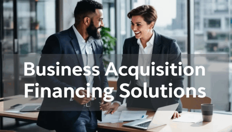 How to Get a Business Acquisition Loan - In the image, two small business owners are engaged in a discussion about a business acquisition, emphasizing the importance of securing business acquisition loans. A transparent overlay displays the title "Business Acquisition Financing Solutions," highlighting various financing options available for business acquisitions.