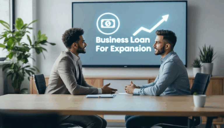 How to Get a Business Loan for Expansion - In the image, a small business owner is seated at a desk engaged in discussion with a business loan broker about securing a business loan for expansion. Behind them, a large screen displays a cash icon alongside a rising chart, while a transparent overlay features the title "How to Get a Business Loan for Expansion."