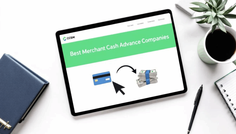 Best Merchant Cash Advance Companies - In the image, a small business owner is focused on a computer screen displaying an arrow that connects a credit card to a stack of cash, with the title "Best Merchant Cash Advance Companies" prominently featured. This visual highlights the connection between credit card transactions and cash flow for small business owners exploring financing options like merchant cash advances.