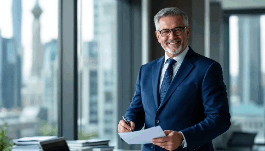 How to Become a Business Loan Broker - A confident business loan broker stands in a modern office, smiling after successfully closing a deal for business funding approval, showcasing the importance of strong relationships and expertise in the loan brokerage field. This moment reflects the culmination of skills and knowledge essential for a successful commercial loan broker in securing financing for clients.