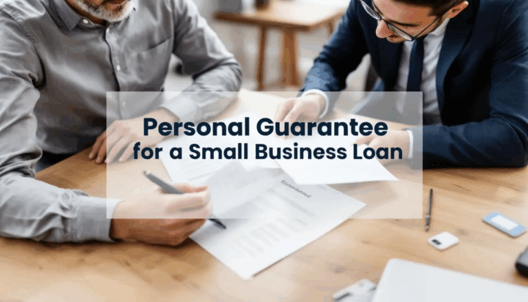 Personal Guarantee for Small Business Financing - In the image, a small business owner is engaged in a discussion with a business loan broker while reviewing loan documents. A transparent overlay prominently displays the title “Personal Guarantee for a Small Business Loan,” emphasizing the importance of understanding personal guarantees and their implications for business financing.