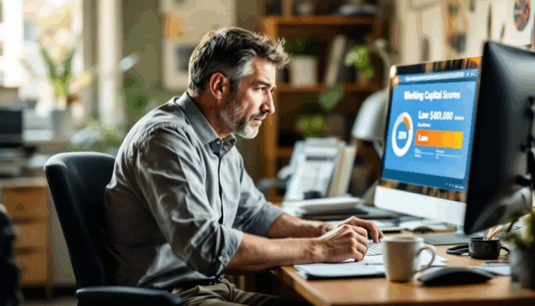 Working Capital Loans for Bad Credit - A small business owner is seated at a desk, intently researching working capital loans for bad credit on their computer, which displays a low credit score alongside the heading "Working Capital Loans for Bad Credit." The image captures the challenges faced by small businesses in securing funding despite poor credit history.