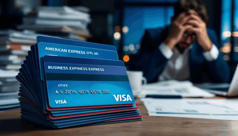 Business Credit Card Stacking - In the foreground, multiple business credit cards are stacked in descending order, while a small business owner in the background appears deep in thought, contemplating the use of multiple credit cards to fund their company. The image captures the essence of business credit strategies and the importance of managing cash flow for small businesses.