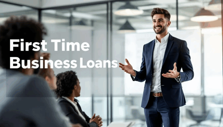 First Time Business Loans - A young entrepreneur is leading a team meeting at a vibrant startup, showcasing a diverse group of individuals engaged in discussion. The image features a transparent overlay with the title "First Time Business Loans," highlighting the importance of financial support for new business owners seeking startup business loans.