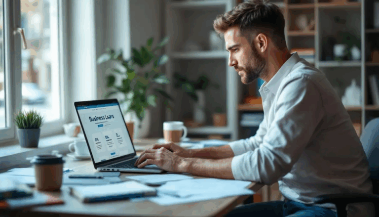 Best No Credit Check Business Loans - A small business owner sits at a desk, intently researching various no credit check business loans online, exploring options to secure funding without the need for a credit check. The screen displays information about different business financing options, including traditional loans and merchant cash advances, highlighting the importance of understanding credit scores and business credit history.