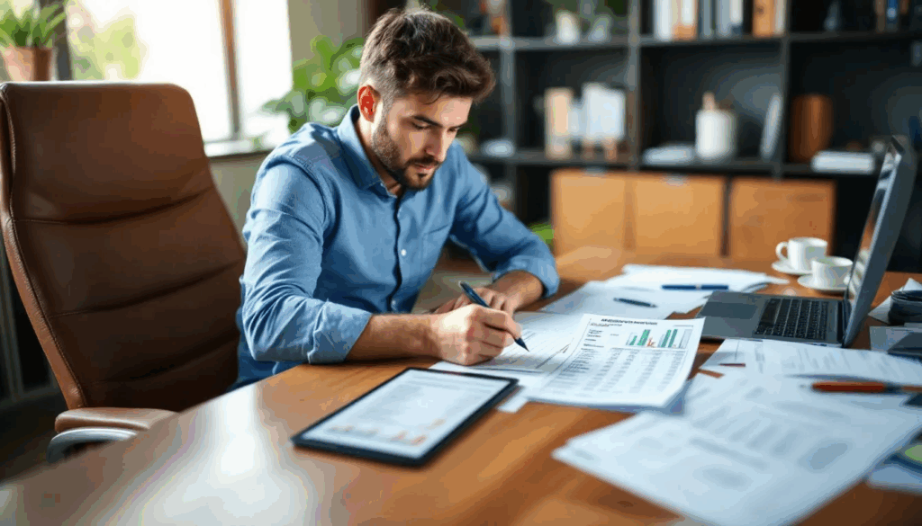 Equipment Financing Lenders - A small business owner is sitting at a desk, reviewing various equipment financing options from different lenders to find the best equipment loans for their business needs. They are comparing terms such as payment requirements, interest rates, and loan terms to ensure their business operations run smoothly.