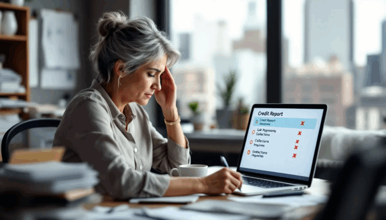 How to Remove Negative Items from Credit Report - In the image, a small business owner is intently reviewing their credit report on a laptop, seeking to identify how to get negative remarks removed from credit report such as delinquent accounts and inaccurate information. The scene conveys a sense of determination as they prepare to dispute errors and contact credit bureaus for assistance.