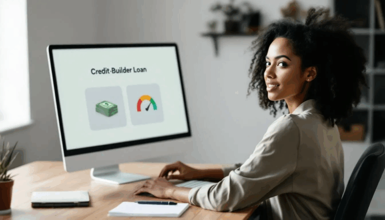 How to Use a Credit-Builder Loan - A small business owner is focused on researching credit builder loans, examining a computer screen that displays a cash stack icon symbolizing a loan and a gauge indicating an increasing credit score. The title "Credit-Builder Loan" is prominently featured at the top of the screen, highlighting her interest in establishing credit through various financial products.