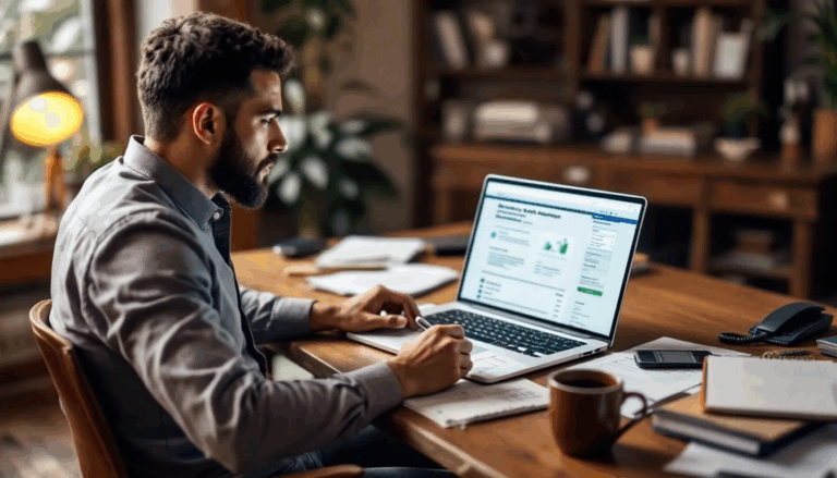 MCA Loans for Small Businesses - A small business owner sits at a desk, surrounded by documents and a laptop, researching various funding options, including MCA loans and merchant cash advances. They are weighing the benefits of these financial tools against traditional business loans to determine the best fit for their business growth and cash flow needs.