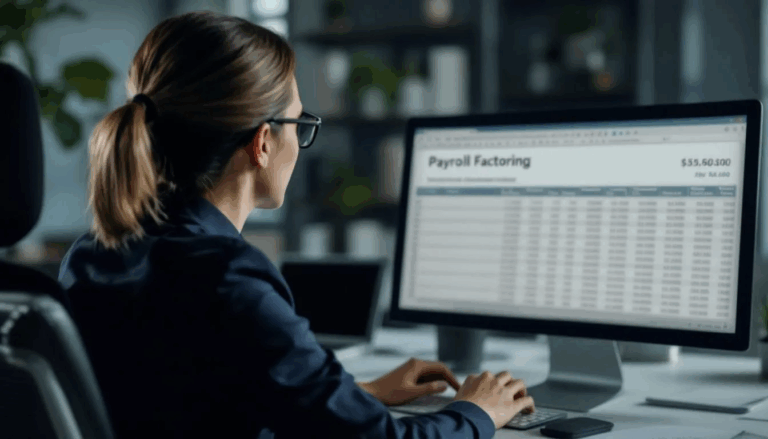 Payroll Factoring for Staffing - A human resources professional at a staffing agency is focused on a computer screen displaying a payroll spreadsheet titled "Payroll Factoring," which outlines how to effectively manage payroll obligations and ensure immediate cash flow for the staffing company's operations. The spreadsheet likely includes details on payroll funding solutions and the factoring process to maintain positive cash flow.