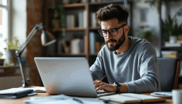 Business Loans with No Personal Guarantee - A small business owner is seated at a desk, focused on researching options for business loans with no personal guarantee online, exploring unsecured business loans that do not require personal assets as collateral. The screen displays various financial institutions and information about business financing, highlighting the importance of establishing strong business credit without risking personal liability.