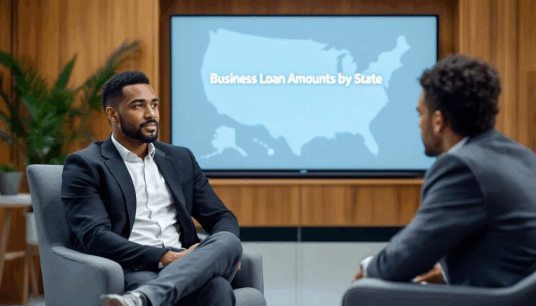 Business Loan Amounts by State - A small business owner is seated with a business loan broker, discussing various financing options for business loans. Behind them, a large screen displays the outline of the United States, featuring the title "Business Loan Amounts by State," indicating the different loan amounts available across the country.