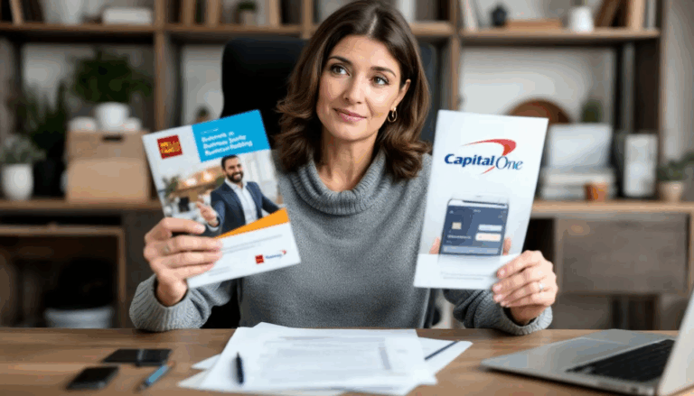 Capital One vs Wells Fargo - A small business owner is contemplating the advantages of Wells Fargo and Capital One for their business banking needs, considering factors such as savings accounts, business credit cards, and monthly service fees. The owner appears focused on making a decision that aligns with their financial goals and the best banking options available.