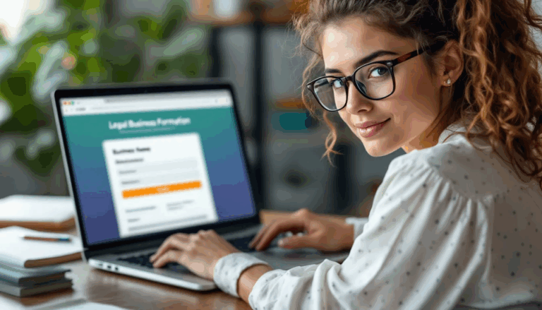 LegalZoom Review - A small business owner is sitting at a desk, using a laptop to access an online service for legal business formation, such as LegalZoom, which provides user-friendly legal solutions for LLC formation and business licenses. The scene conveys a sense of efficiency as the owner navigates the complex process of legal requirements with the help of experienced attorneys and outstanding customer service.