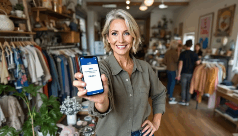 Zelle for Business - A small business owner is using the mobile banking app Zelle on their smartphone to receive a payment from a customer, showcasing the convenience of accepting payments directly into their business account. The scene highlights the ease of mobile banking and the integration of Zelle for business transactions.