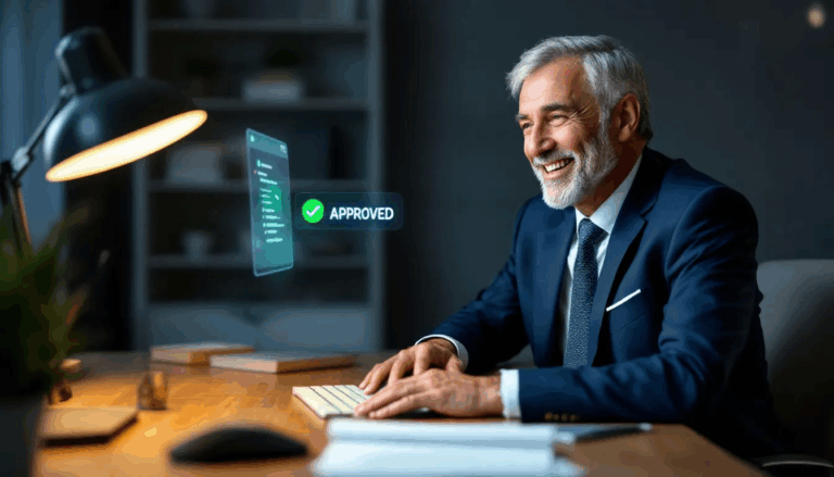 Best Instant Approval Business Credit Cards - In the image, a business owner is joyfully holding a newly approved business credit card, symbolizing the instant approval process. The scene captures the excitement of gaining access to business credit, highlighting the importance of credit scores and financial management for small business owners.