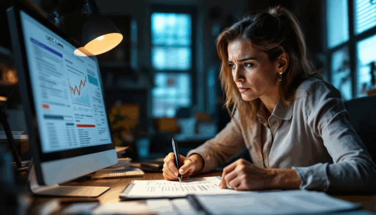 How to Remove a UCC Filing - A small business owner is sitting at a desk, intently reviewing their business credit report while searching for information on how to remove a UCC filing. They have various forms and documents spread out, including a UCC financing statement, as they seek assistance with the process of disputing outdated UCC filings.