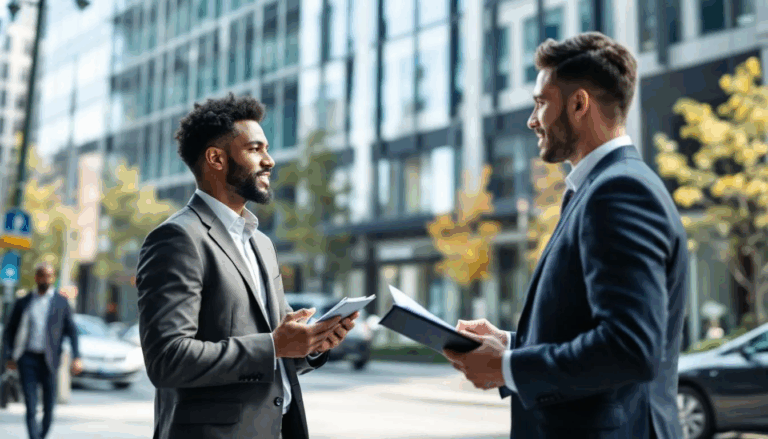 Popular Types of Commercial Real Estate Loans - A small business owner stands outside a commercial office building, engaging in a discussion with a real estate agent about financing options, including popular types of commercial real estate loans to support their business goals. The conversation focuses on loan proceeds and the various commercial properties available for purchase.